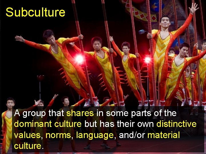 Subculture A group that shares in some parts of the dominant culture but has