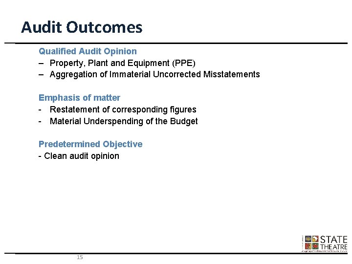 Audit Outcomes Qualified Audit Opinion – Property, Plant and Equipment (PPE) – Aggregation of