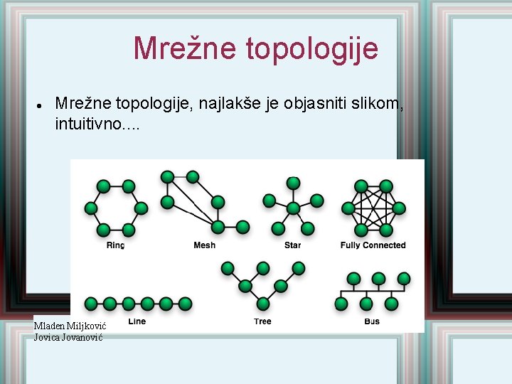 Mrežne topologije Mrežne topologije, najlakše je objasniti slikom, intuitivno. . Mladen Miljković Jovica Jovanović