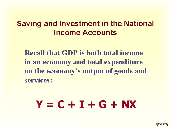 Saving and Investment in the National Income Accounts Recall that GDP is both total