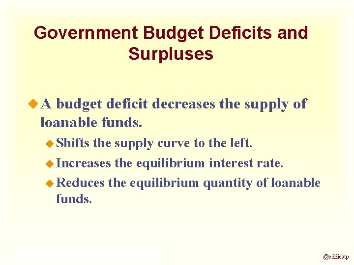 Government Budget Deficits and Surpluses u. A budget deficit decreases the supply of loanable