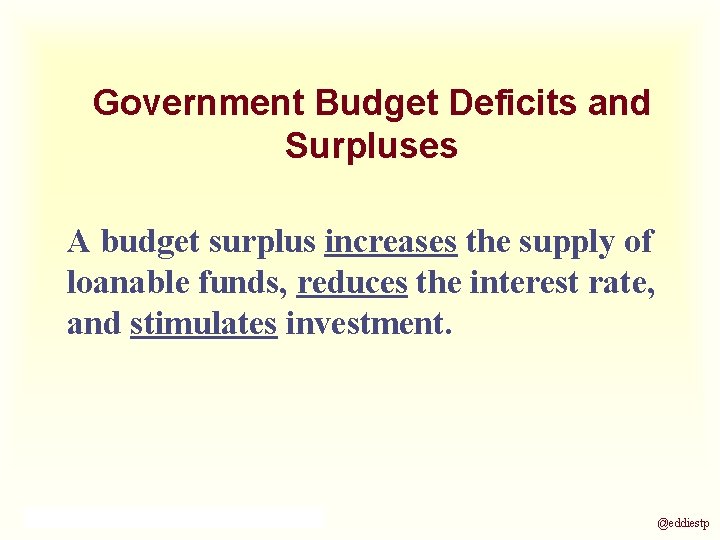 Government Budget Deficits and Surpluses A budget surplus increases the supply of loanable funds,