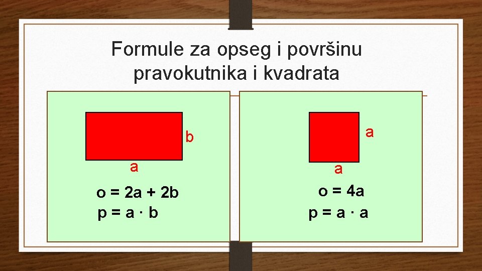 Formule za opseg i površinu pravokutnika i kvadrata b a o = 2 a