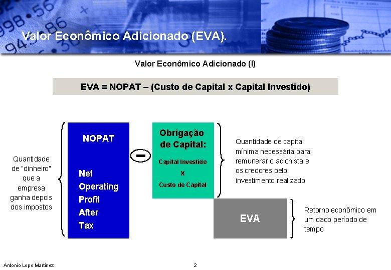 Valor Econômico Adicionado (EVA). Valor Econômico Adicionado (I) EVA = NOPAT – (Custo de