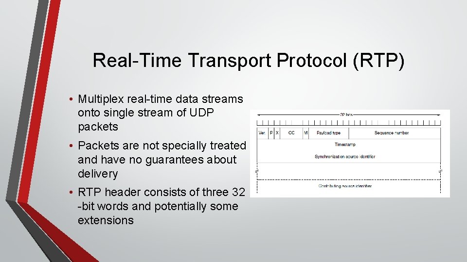 Real-Time Transport Protocol (RTP) • Multiplex real-time data streams onto single stream of UDP