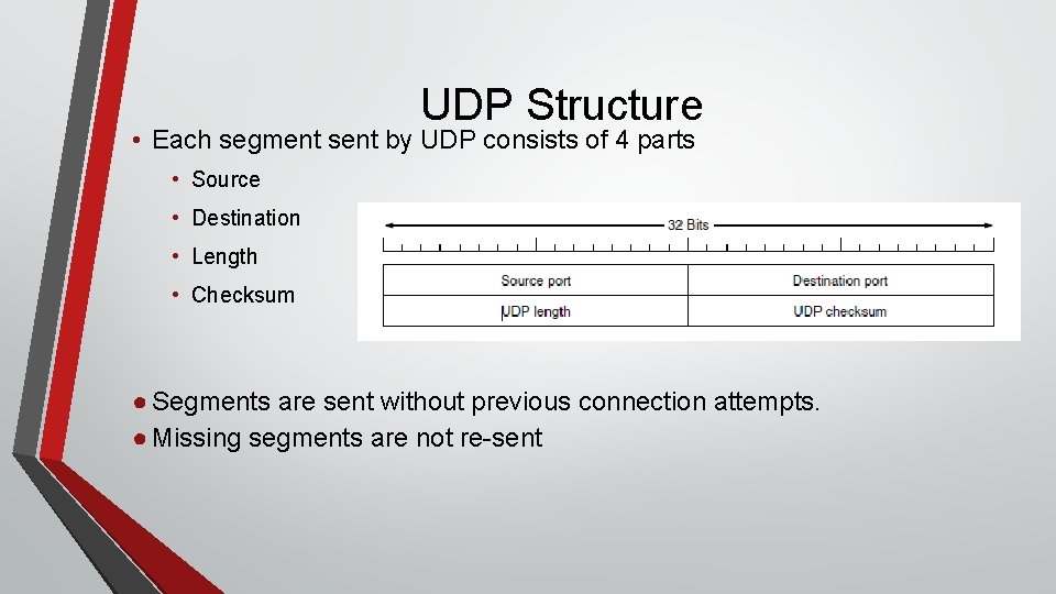 UDP Structure • Each segment sent by UDP consists of 4 parts • Source