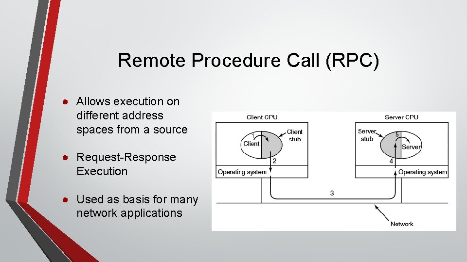 Remote Procedure Call (RPC) ● Allows execution on different address spaces from a source