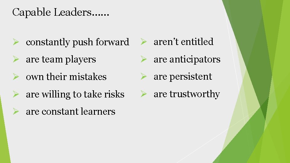 Capable Leaders…… Ø constantly push forward Ø aren’t entitled Ø are team players Ø