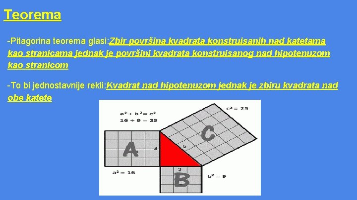 Teorema -Pitagorina teorema glasi: Zbir površina kvadrata konstruisanih nad katetama kao stranicama jednak je