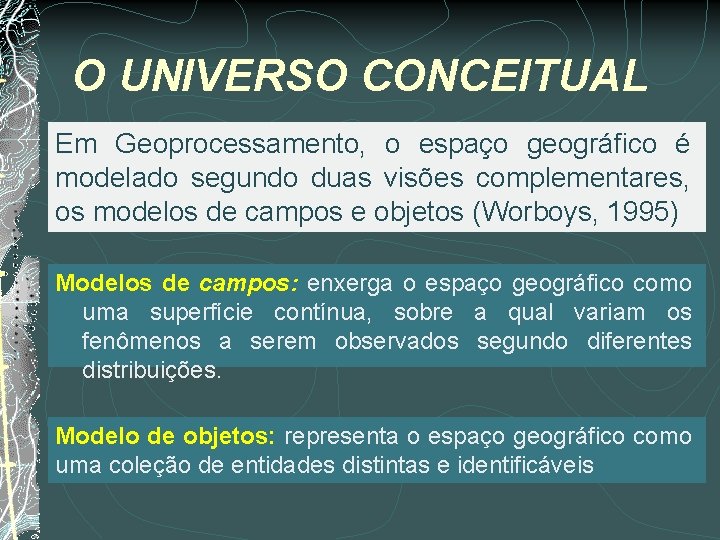 O UNIVERSO CONCEITUAL Em Geoprocessamento, o espaço geográfico é modelado segundo duas visões complementares,