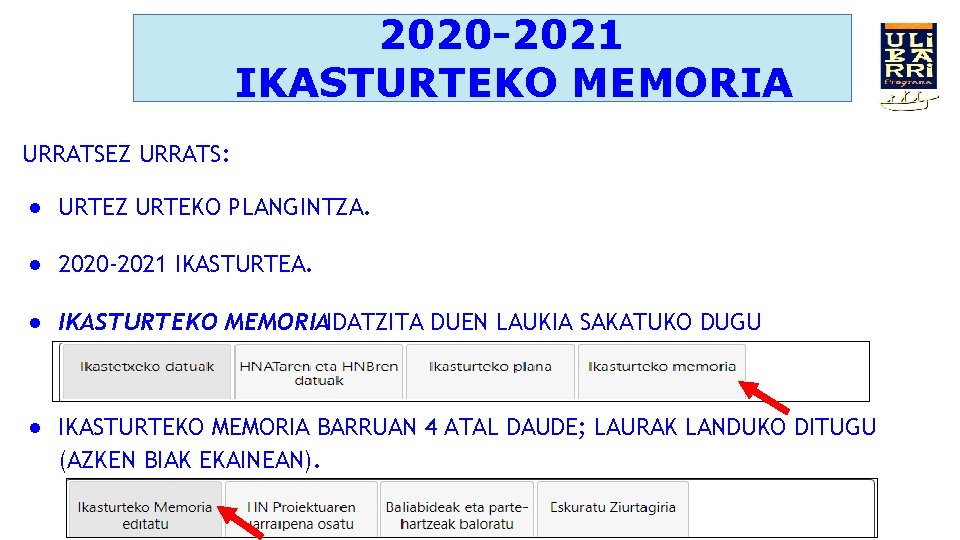 2020 -2021 IKASTURTEKO MEMORIA URRATSEZ URRATS: ● URTEZ URTEKO PLANGINTZA. ● 2020 -2021 IKASTURTEA.