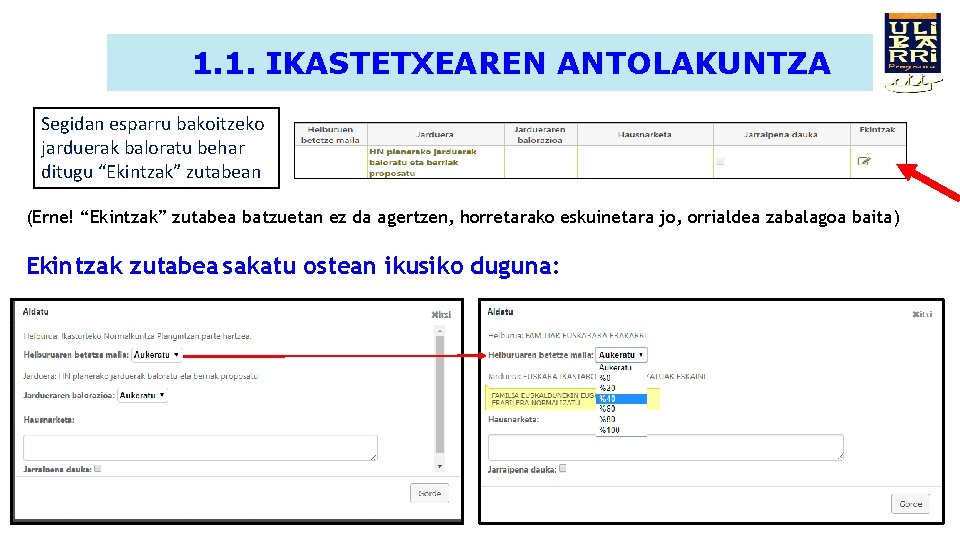 1. 1. IKASTETXEAREN ANTOLAKUNTZA Segidan esparru bakoitzeko jarduerak baloratu behar ditugu “Ekintzak” zutabean (Erne!