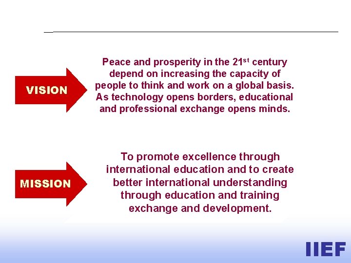 VISION MISSION Peace and prosperity in the 21 st century depend on increasing the