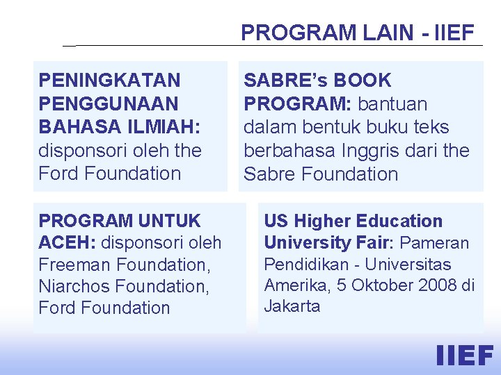 PROGRAM LAIN - IIEF PENINGKATAN PENGGUNAAN BAHASA ILMIAH: disponsori oleh the Ford Foundation PROGRAM