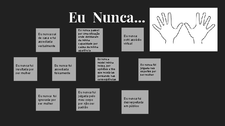 Eu Nunca. . . Eu nunca sai de casa e fui assediada verbalmente Eu