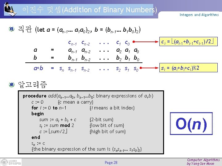 이진수 덧셈(Addition of Binary Numbers) Integers and Algorithms 직관 (let a = (an-1… a