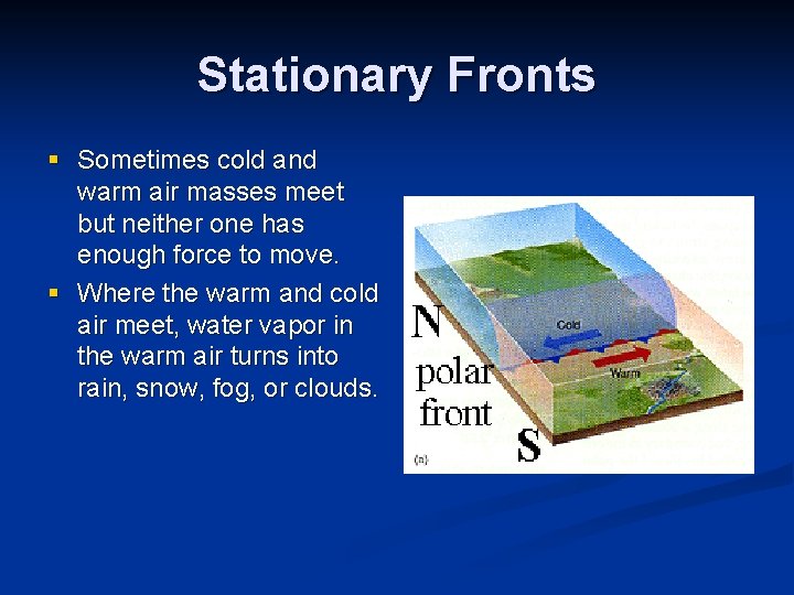 Stationary Fronts § Sometimes cold and warm air masses meet but neither one has