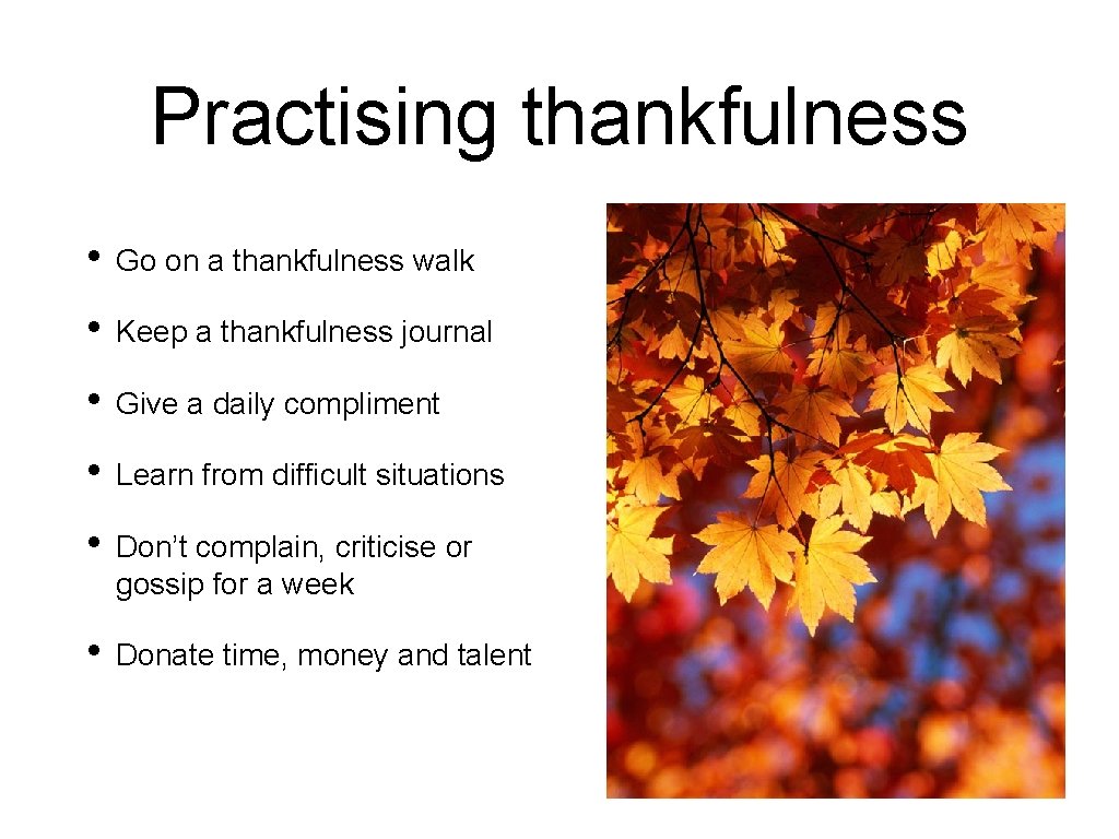 Practising thankfulness • Go on a thankfulness walk • Keep a thankfulness journal •