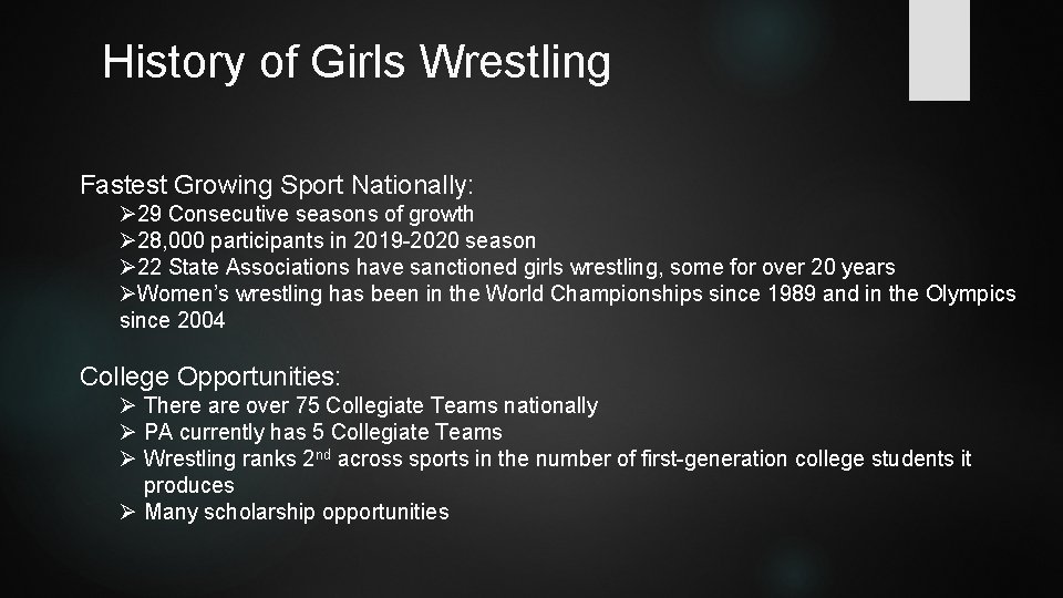 History of Girls Wrestling Fastest Growing Sport Nationally: Ø 29 Consecutive seasons of growth