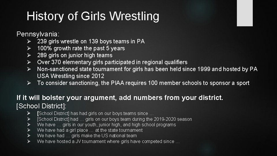 History of Girls Wrestling Pennsylvania: Ø Ø Ø 239 girls wrestle on 139 boys