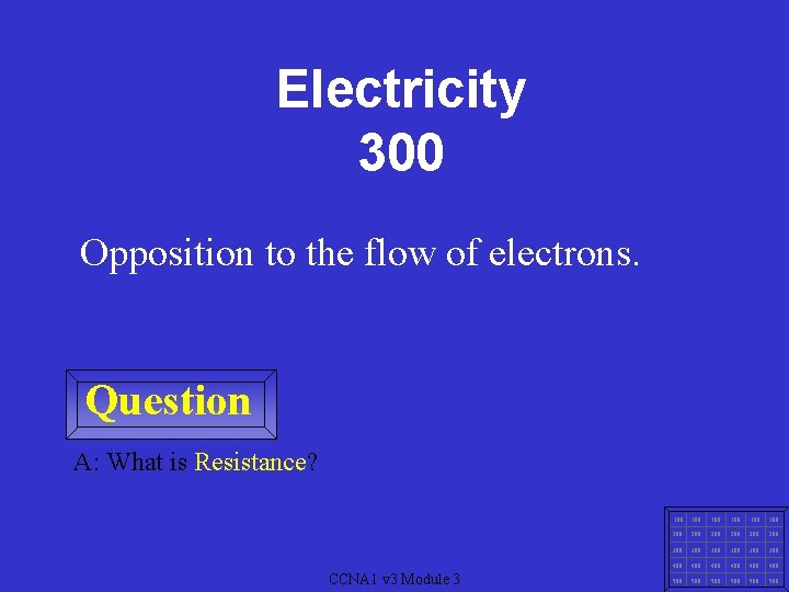 Electricity 300 Opposition to the flow of electrons. Question A: What is Resistance? CCNA