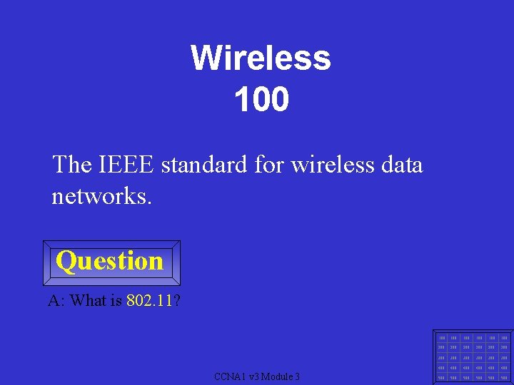 Wireless 100 The IEEE standard for wireless data networks. Question A: What is 802.
