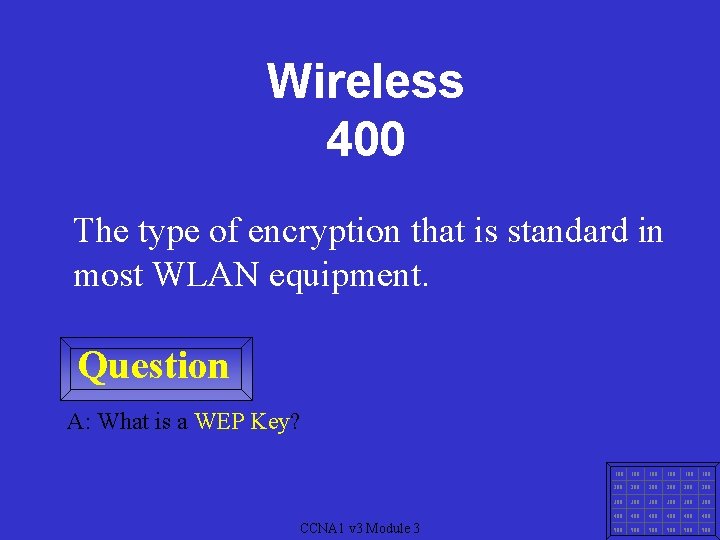 Wireless 400 The type of encryption that is standard in most WLAN equipment. Question