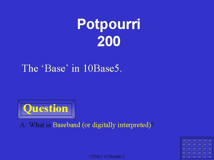 Potpourri 200 The ‘Base’ in 10 Base 5. Question A: What is Baseband (or