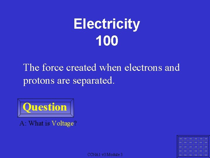 Electricity 100 The force created when electrons and protons are separated. Question A: What