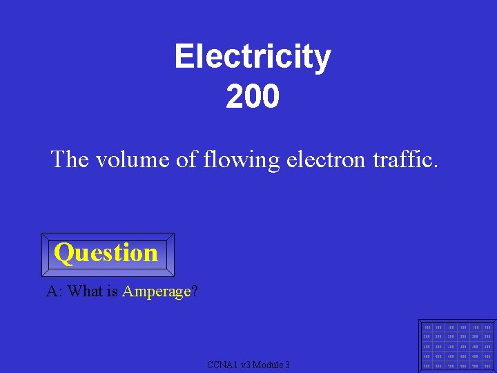 Electricity 200 The volume of flowing electron traffic. Question A: What is Amperage? CCNA