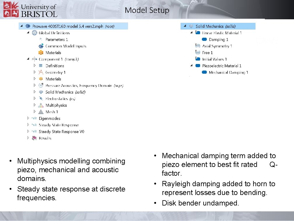 Model Setup • Multiphysics modelling combining piezo, mechanical and acoustic domains. • Steady state