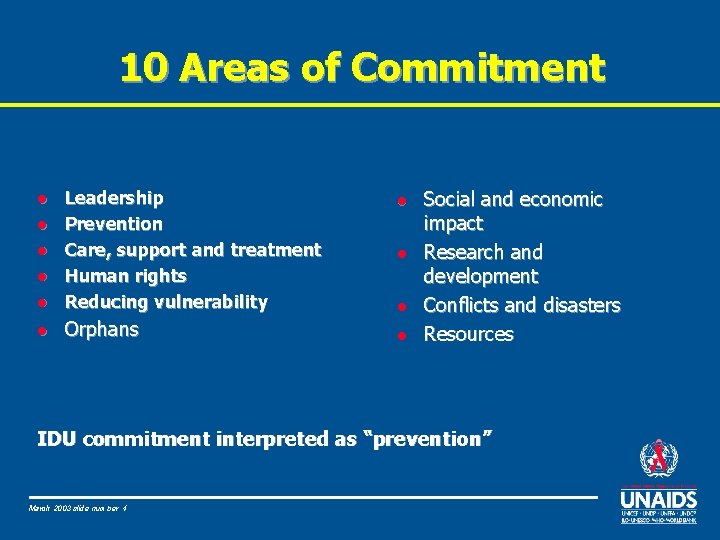 10 Areas of Commitment l Leadership Prevention Care, support and treatment Human rights Reducing