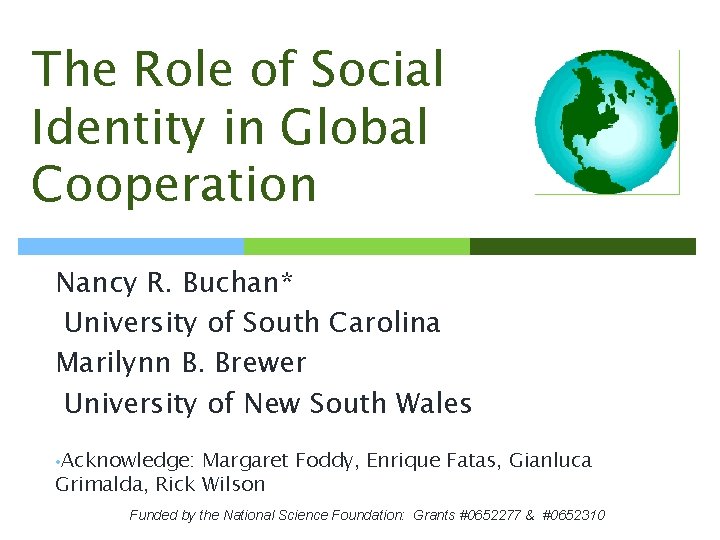 The Role of Social Identity in Global Cooperation Nancy R. Buchan* University of South