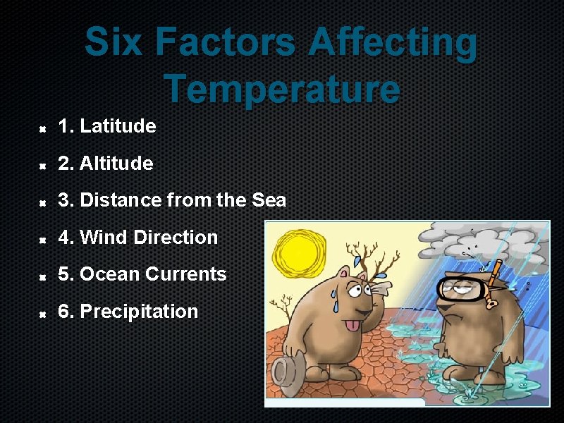 Six Factors Affecting Temperature 1. Latitude 2. Altitude 3. Distance from the Sea 4.