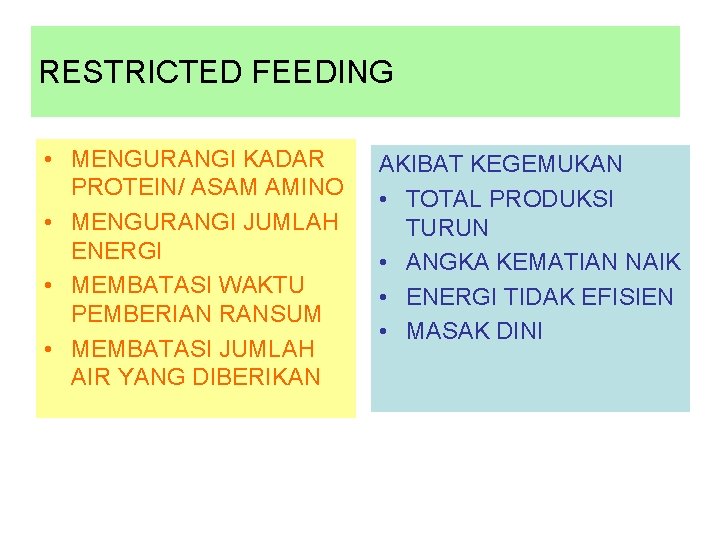 RESTRICTED FEEDING • MENGURANGI KADAR PROTEIN/ ASAM AMINO • MENGURANGI JUMLAH ENERGI • MEMBATASI