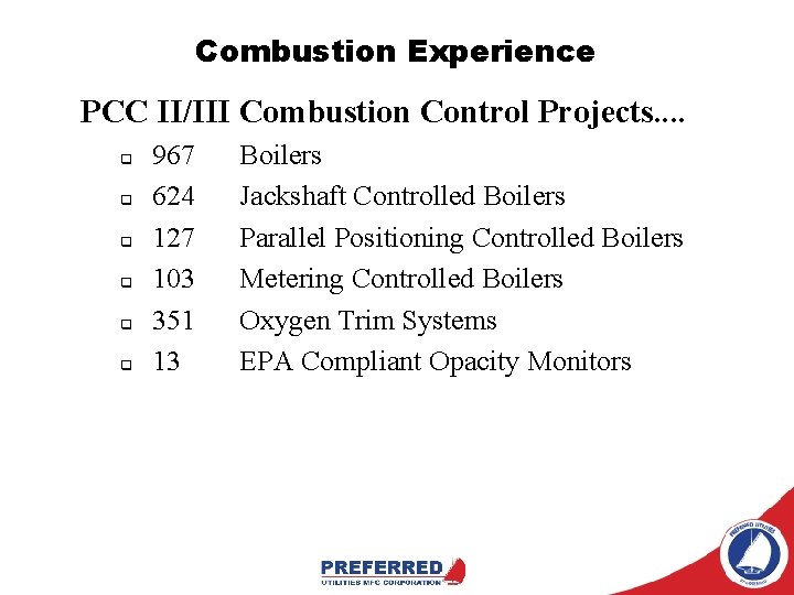 Combustion Experience PCC II/III Combustion Control Projects. . q q q 967 624 127