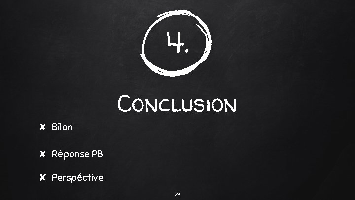4. Conclusion ✘ Bilan ✘ Réponse PB ✘ Perspéctive 29 4. Conclusion ✘ Bilan ✘ Réponse PB ✘ Perspéctive 29