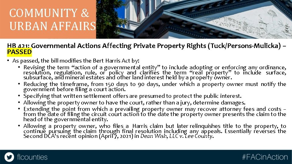 COMMUNITY & URBAN AFFAIRS HB 421: Governmental Actions Affecting Private Property Rights (Tuck/Persons-Mulicka) –
