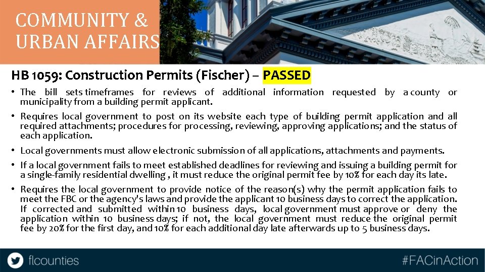 COMMUNITY & URBAN AFFAIRS HB 1059: Construction Permits (Fischer) – PASSED • The bill