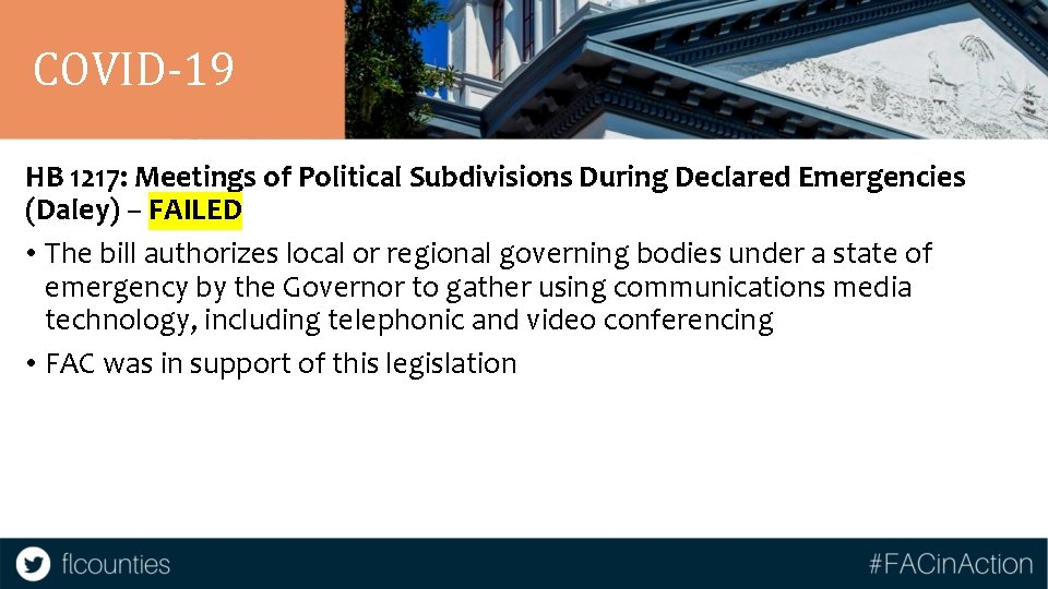 COVID-19 HB 1217: Meetings of Political Subdivisions During Declared Emergencies (Daley) – FAILED •