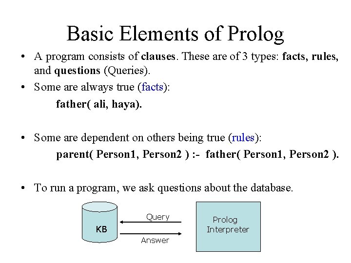 Basic Elements of Prolog • A program consists of clauses. These are of 3