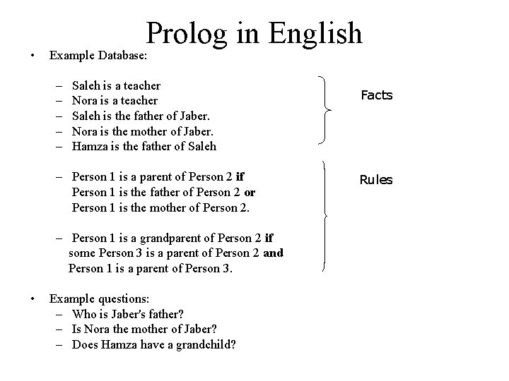  • Prolog in English Example Database: – – – Saleh is a teacher