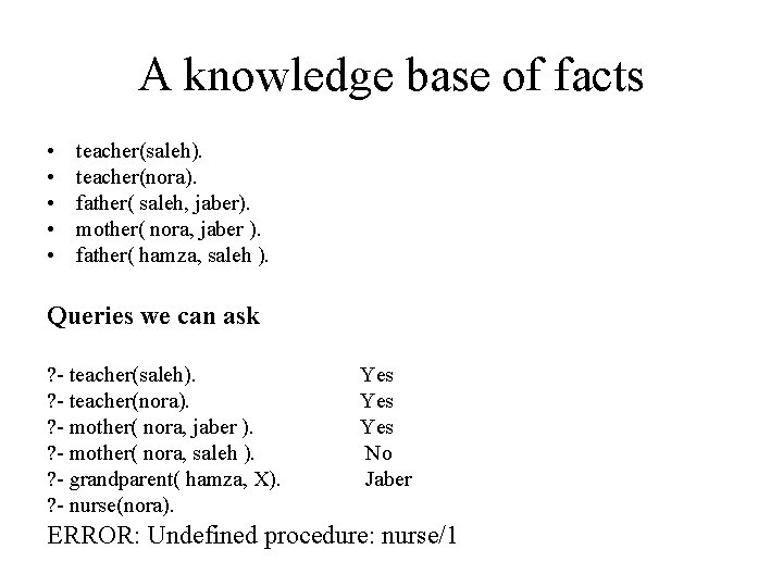 A knowledge base of facts • • • teacher(saleh). teacher(nora). father( saleh, jaber). mother(