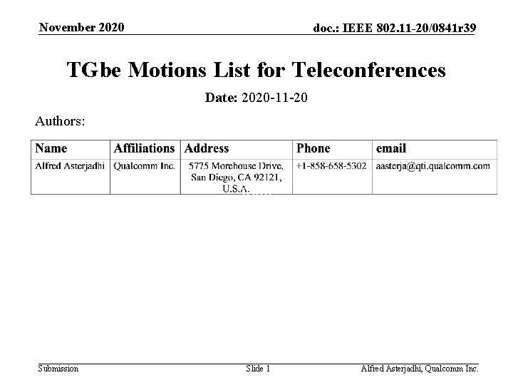 November 2020 doc. : IEEE 802. 11 -20/0841 r 39 TGbe Motions List for