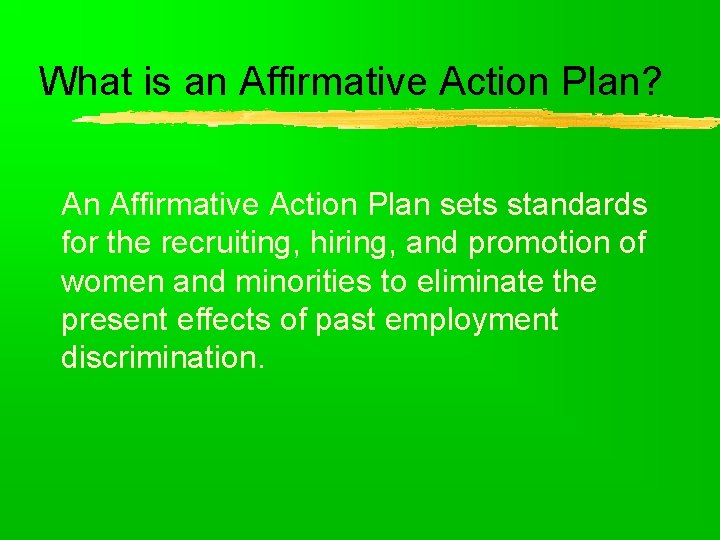 What is an Affirmative Action Plan? An Affirmative Action Plan sets standards for the