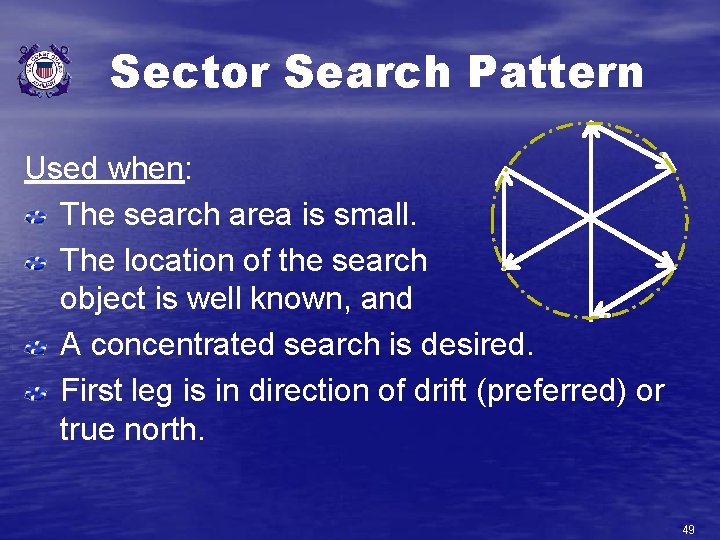 Sector Search Pattern Used when: The search area is small. The location of the