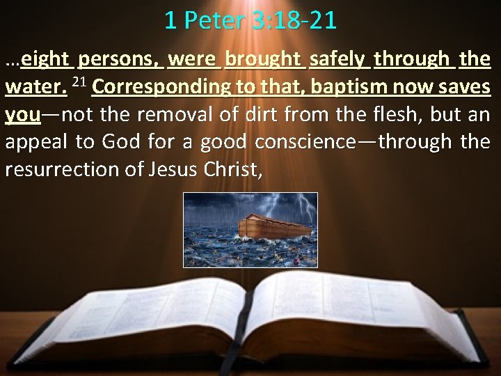 1 Peter 3: 18 -21 …eight persons, were brought safely through the water. 21