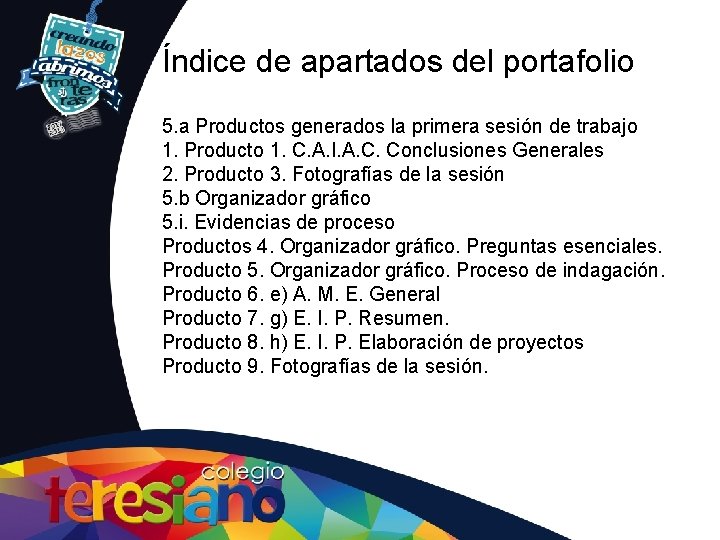 Índice de apartados del portafolio 5. a Productos generados la primera sesión de trabajo