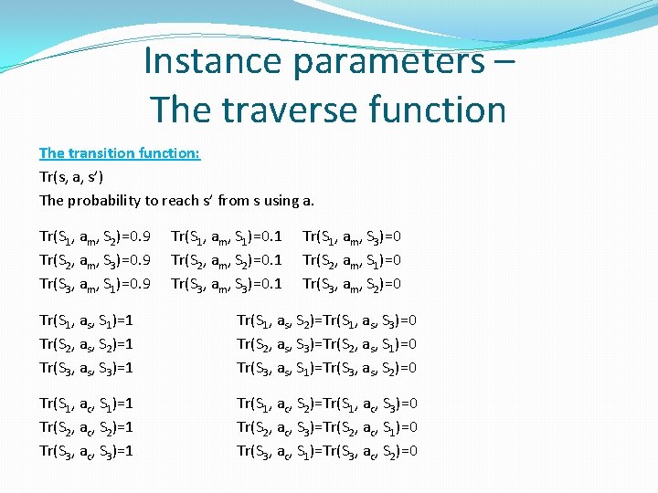 Instance parameters – The traverse function The transition function: Tr(s, a, s’) The probability