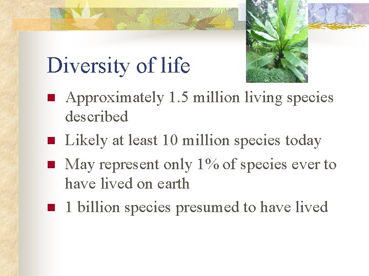 Diversity of life n n Approximately 1. 5 million living species described Likely at